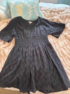 Albion Black Eyelet Smocked-Waist Mini Dress Size L
